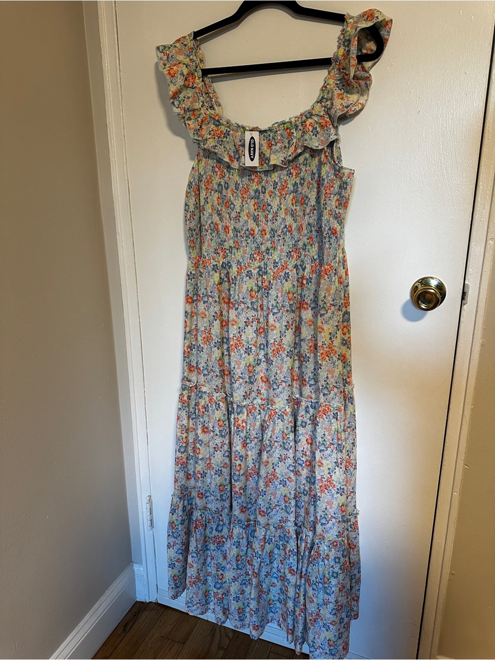 Old Navy Cream Floral Ruffle Maxi Dress with Orange & Blue Flowers